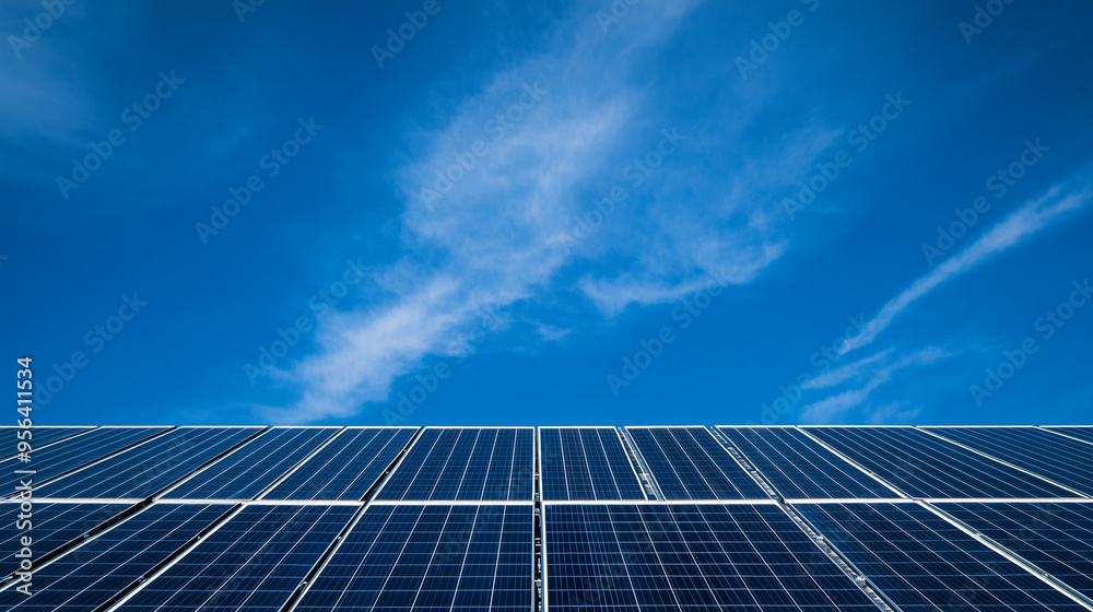 Panele słoneczne na dachu domu, pod błękitnym niebem. Idealna sceneria pokazująca wykorzystanie odnawialnych źródeł energii w codziennym życiu. Panele słoneczne na dachu domu, pod błękitnym niebem. Idealna sceneria pokazująca wykorzystanie odnawialnych źródeł energii w codziennym życiu.