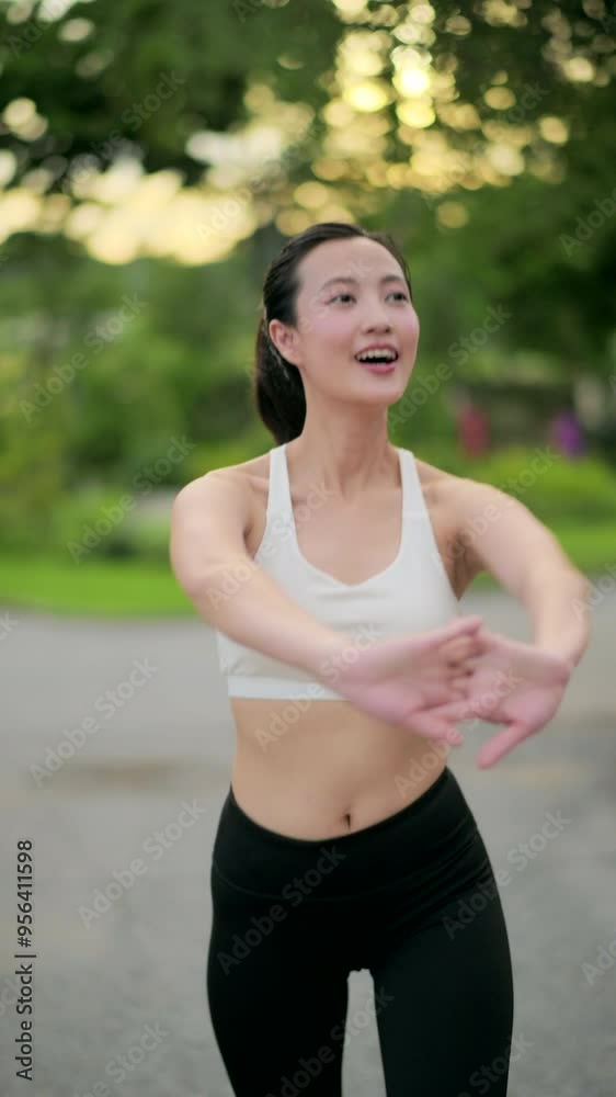 Vertical video of A woman exercises outdoors at sunset, stretching her arms with joyful expression. Vertical video of A woman exercises outdoors at sunset, stretching her arms with joyful expression.