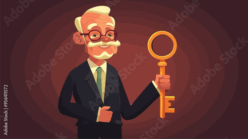 Wise businessman holding golden key, unlocking solutions to problems and questions