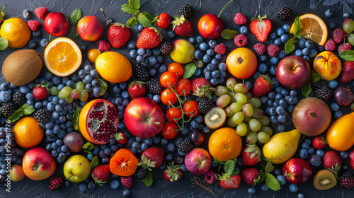 A vibrant array of fresh fruits arranged beautifully, showcasing colors and textures, ideal for health and food themes.