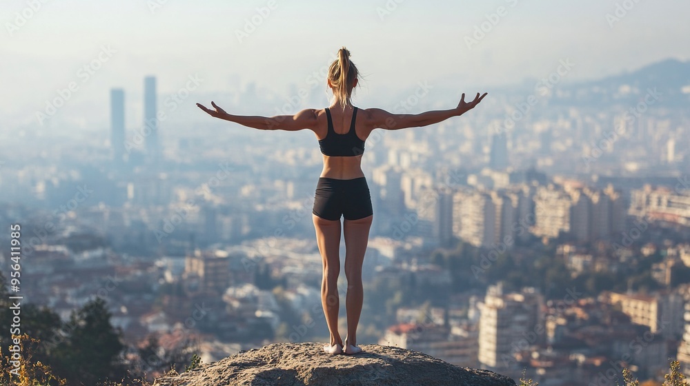 Woman performing calisthenics on a hilltop, panoramic city view in the background Woman performing calisthenics on a hilltop, panoramic city view in the background