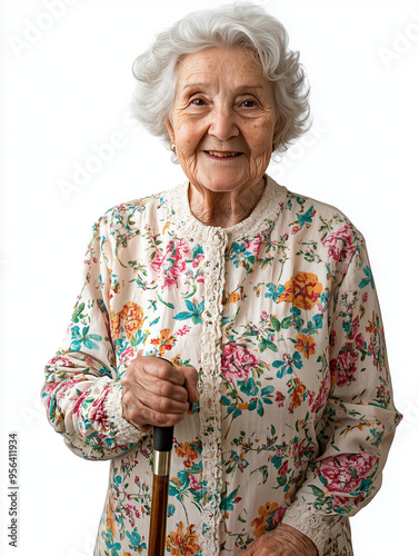 An elderly woman with a cane, wearing a floral dress and a warm smile, isolated on a white background photo