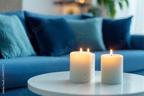 Close-up of candles on a white coffee table beside a blue sofa, featuring a Scandinavian design in the modern living room.