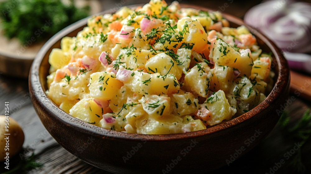 Potato Salad: A colorful potato salad with diced potatoes, vegetables, and a creamy dressing, perfect for a picnic or barbecue.