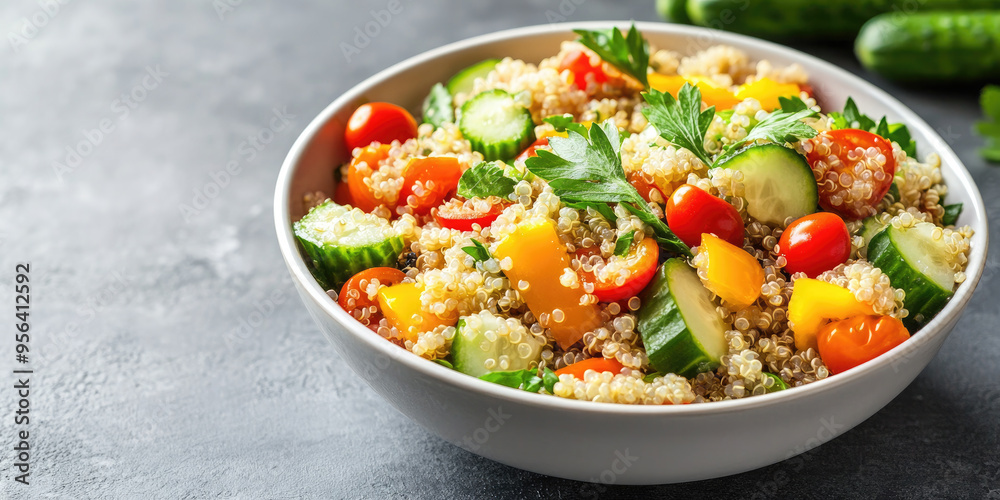 Vibrant quinoa salad with fresh veggies in a bowl, perfect for a healthy meal. Vegetarian, vegan, gluten-free, packed with nutrients. Ideal for lunch or dinner Vibrant quinoa salad with fresh veggies in a bowl, perfect for a healthy meal. Vegetarian, vegan, gluten-free, packed with nutrients. Ideal for lunch or dinner