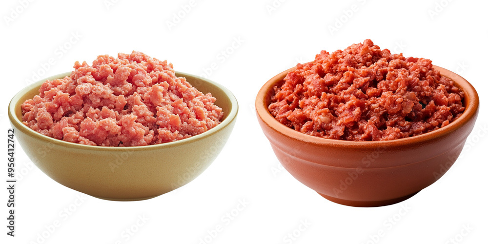 set of A Minced meat in a bowl close-up on a transparent background set of A Minced meat in a bowl close-up on a transparent background