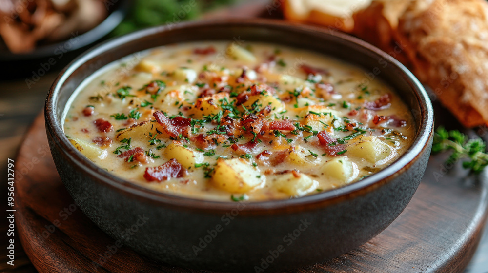 Potato Soup: A hearty potato soup with chunks of potato, bacon bits, and cheddar cheese, served in a bowl with a side of crusty bread. Potato Soup: A hearty potato soup with chunks of potato, bacon bits, and cheddar cheese, served in a bowl with a side of crusty bread.