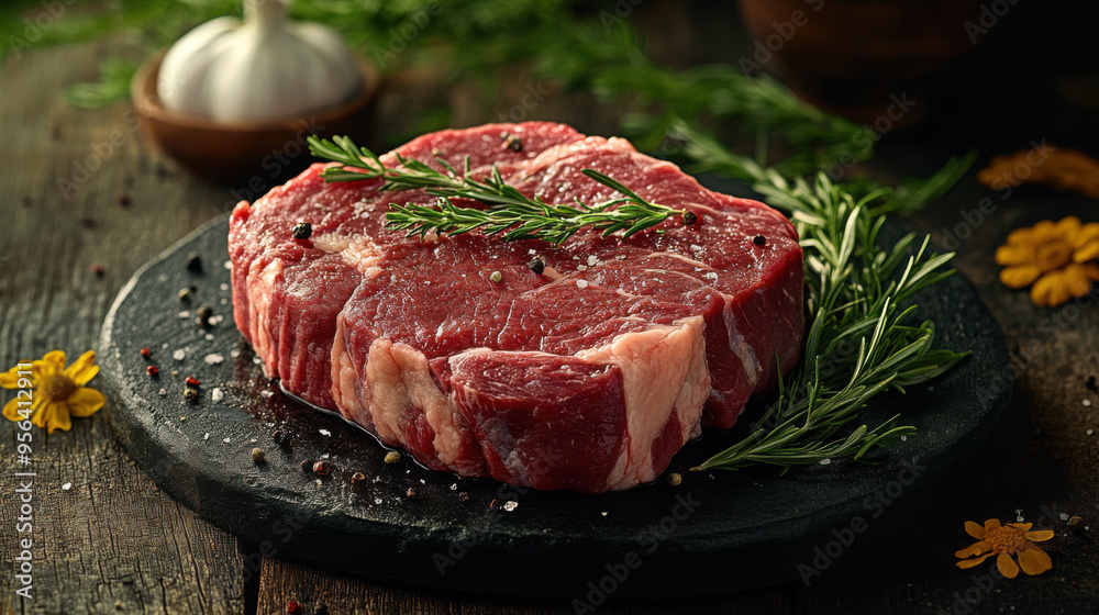 raw steaks top view on a black background. raw steaks top view on a black background.