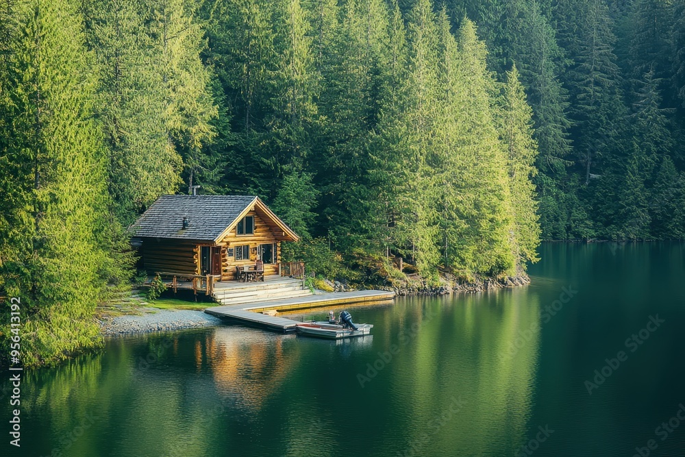 Obraz premium A serene lakeside cabin surrounded by lush trees reflecting in the calm water.