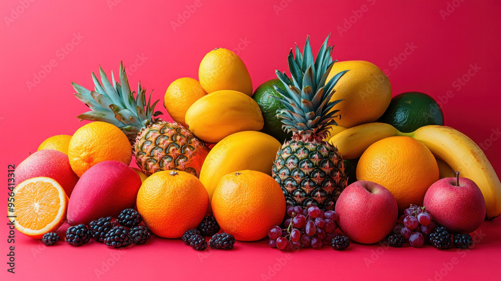 Red and Yellow Fruits: A variety of tropical fruits like mangoes, pineapples, and bananas arranged on a red background, emphasizing the bright colors. Red and Yellow Fruits: A variety of tropical fruits like mangoes, pineapples, and bananas arranged on a red background, emphasizing the bright colors.