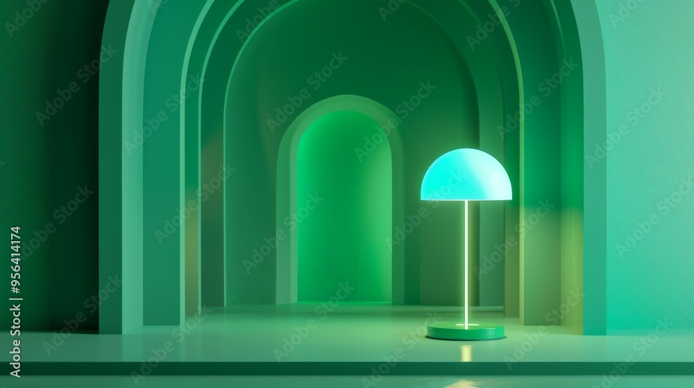Fototapeta premium a lamp surrounded light and a green wall, 