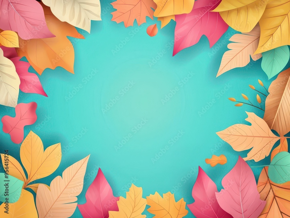 Autumn festival leaves frame a turquoise background, perfect for fall designs. Autumn festival leaves frame a turquoise background, perfect for fall designs.