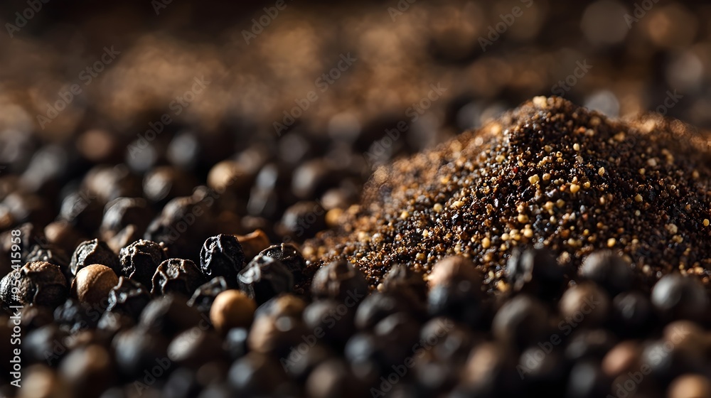Macro photograph of freshly ground black peppercorns highlighting the intricate texture and pattern of the individual peppercorn granules This close up shot showcases the rich Macro photograph of freshly ground black peppercorns highlighting the intricate texture and pattern of the individual peppercorn granules This close up shot showcases the rich