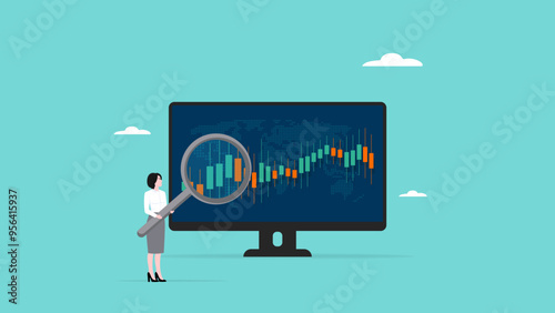 stock market analysis on investment, stock market rising up, analyzing graphs, financial growth statistic, businesswoman investor analyzing a graph of his stock using a magnifying glass