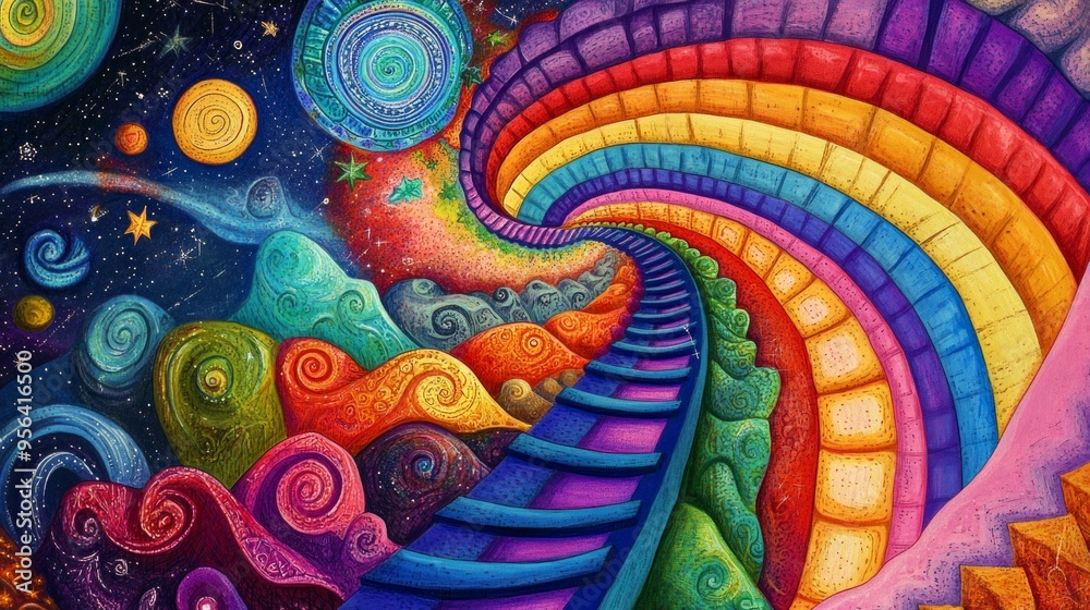 A psychedelic, colorful illustration of an infinite spiral staircase leading to the center of infinity. A psychedelic, colorful illustration of an infinite spiral staircase leading to the center of infinity.