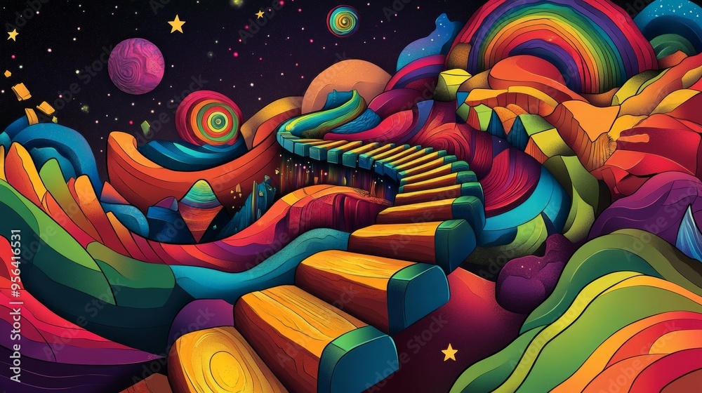 Naklejka premium A psychedelic, colorful illustration of an infinite spiral staircase leading to the center of infinity. 