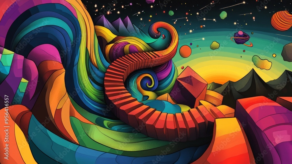 A psychedelic, colorful illustration of an infinite spiral staircase leading to the center of infinity. A psychedelic, colorful illustration of an infinite spiral staircase leading to the center of infinity.