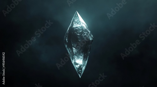 A large, sharp, crystalline shard glows in a dark, misty environment.