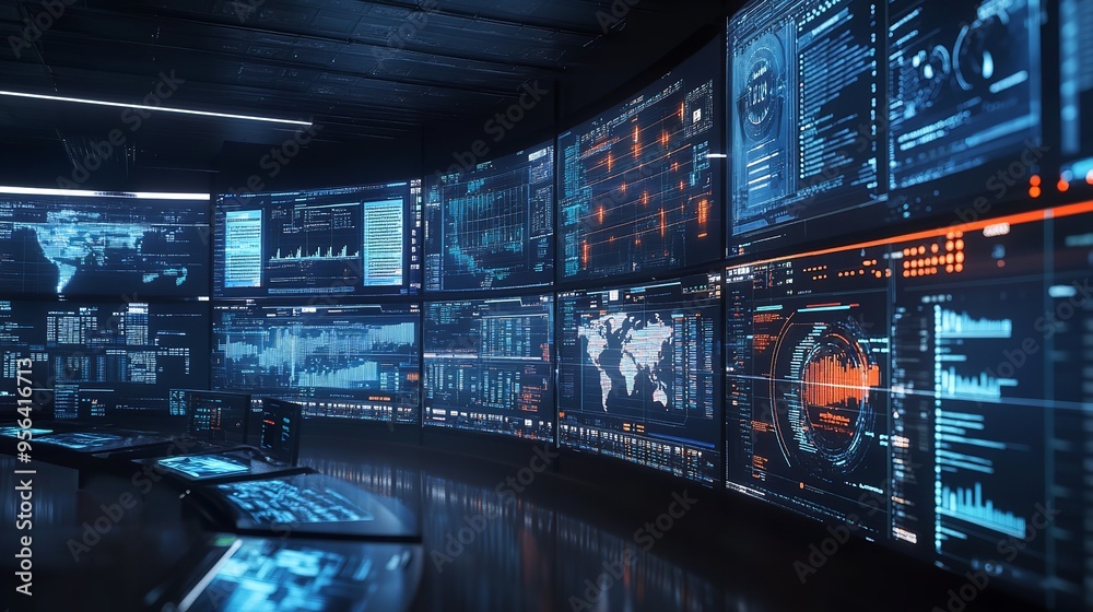 A futuristic control room with numerous screens showcasing global data and analytics in a high-tech setting.