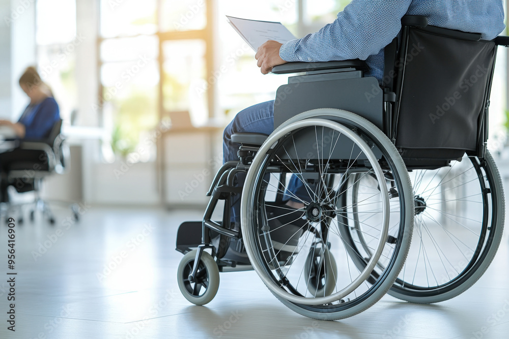 Businessman in a wheelchair is reading a document in a modern office while a coworker works in the background Businessman in a wheelchair is reading a document in a modern office while a coworker works in the background