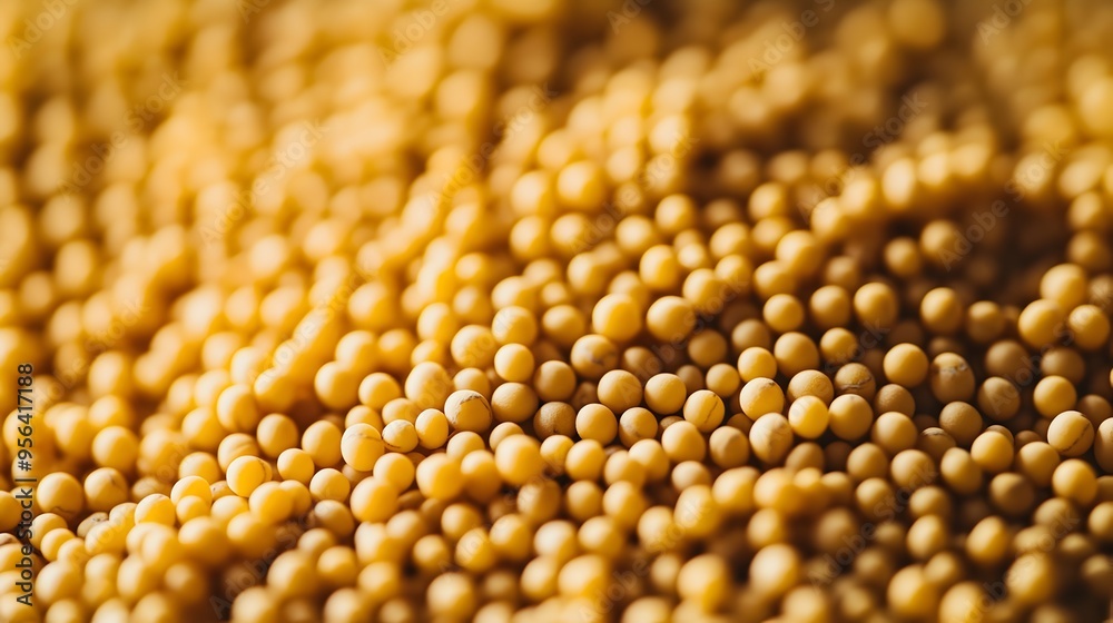 Macro photography showcasing the round shape and vivid yellow color of scattered mustard seeds with a clean minimalist and elegant composition