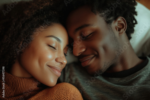 Young diverse couple is cuddling with their eyes closed and smiling