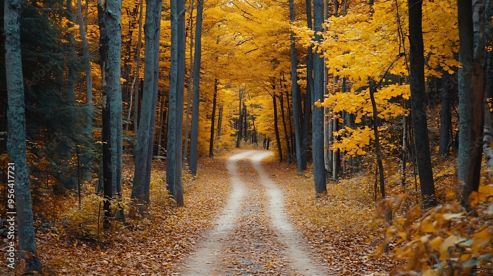 Offroad dirt trail and yellow tree canopies in fall season woods Colorful lush forest in autumn Landscape of autumnal wild nature : Generative AI Offroad dirt trail and yellow tree canopies in fall season woods Colorful lush forest in autumn Landscape of autumnal wild nature : Generative AI