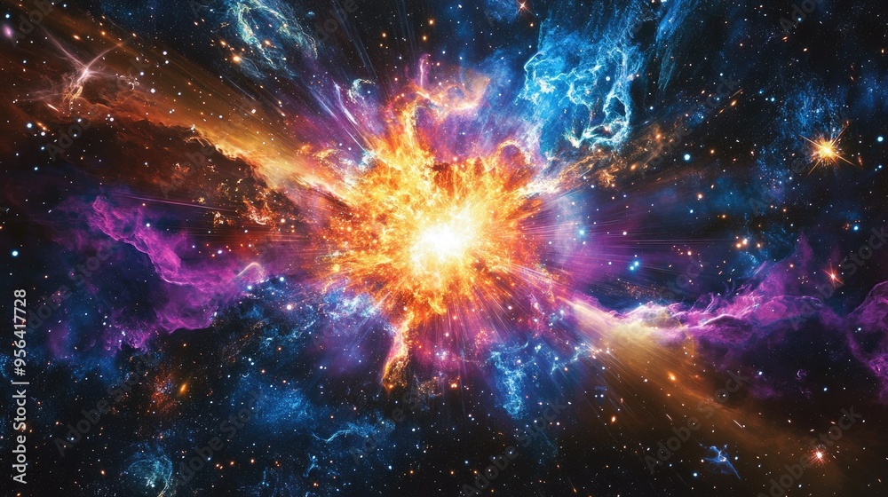 Fototapeta premium Flash of light in space, resembling a supernova explosion with vibrant colors and star clusters surrounding it.