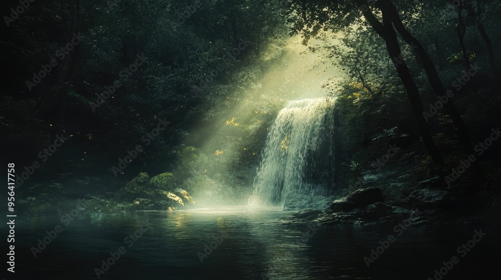 Flash of light illuminating a waterfall in a dark forest, casting reflections and highlighting the water's movement. Flash of light illuminating a waterfall in a dark forest, casting reflections and highlighting the water's movement.