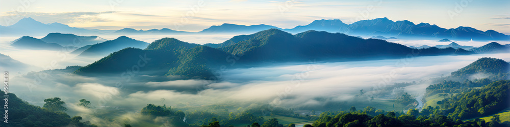 Fototapeta premium Mountains panorama with coluds and fog. banner