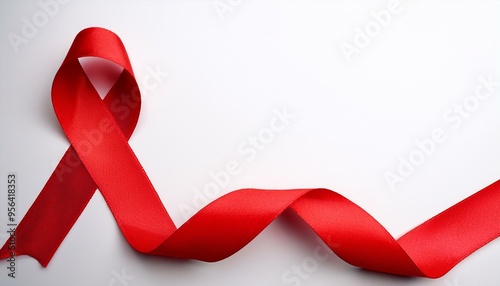 Closeup red ribbon HIV, world AIDS day awareness ribbon on white background. Healthcare and medicine concept.