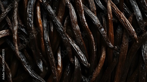 Macro photography highlighting the long slender shape and dark brown color of vanilla beans a treasured culinary ingredient with a distinctive aroma and flavor