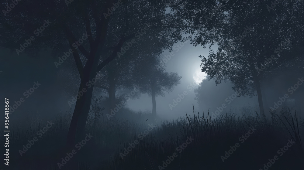Foggy night in the woods with eerie, dark silhouettes. Foggy night in the woods with eerie, dark silhouettes.