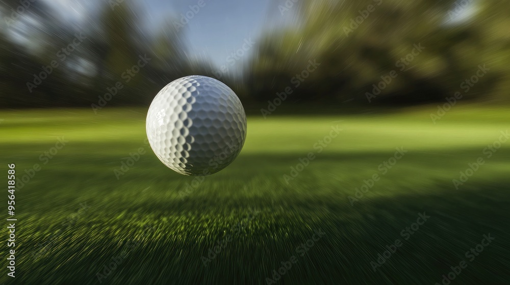Fototapeta premium Golf ball flying through the air with a blurred background, capturing the dynamics of a long-distance drive.