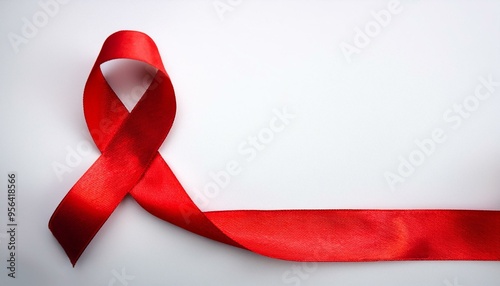 Closeup red ribbon HIV, world AIDS day awareness ribbon on white background. Healthcare and medicine concept. photo