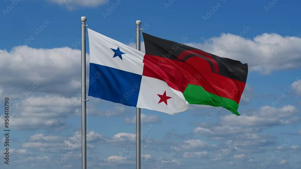 Malawi and Panama flags flying together, video concept of the relationship, two country relations concept Malawi and Panama flags flying together, video concept of the relationship, two country relations concept