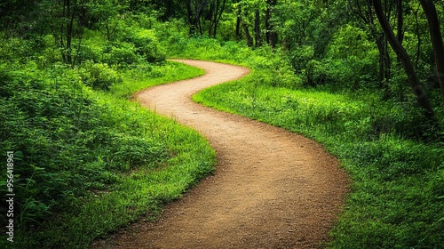 Curved Dirt Path: Winding Through Lush Green Forest Symbolizing Transformative Journey or Change of Pace in Serene Setting