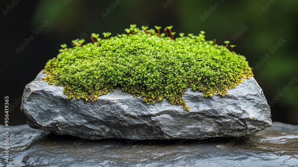 Fototapeta premium Green moss on a stone closeup Nature background : Generative AI