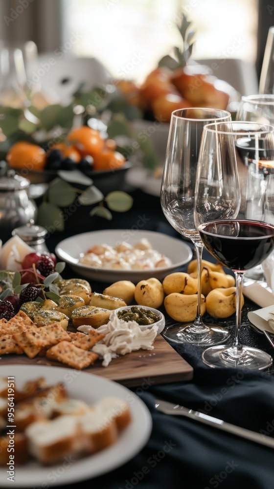 Naklejka premium White Wine Glasses. Fine Dining. Starter Appetizers Canapé Hors d'oeuvre Amuse-gueule Antipasto. Elegant Table Setting. 