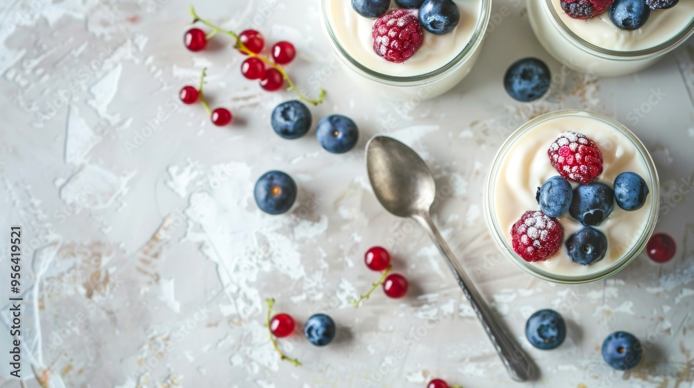 Delicious dessert featuring creamy yogurt topped with fresh blueberries and raspberries. Perfect for breakfast or as a healthy snack. A colorful treat that looks great on any table. AI Delicious dessert featuring creamy yogurt topped with fresh blueberries and raspberries. Perfect for breakfast or as a healthy snack. A colorful treat that looks great on any table. AI