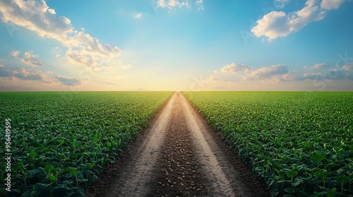 a panorama of agricultural land a green field of soybeans and across the dirt road opposite a ripe wheat field : Generative AI photo
