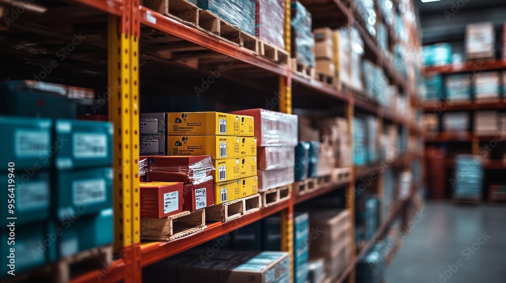 Artistic shot of a pallet loaded with diverse boxes, emphasizing unique packaging designs and crisp labeling, surrounded by warehouse shelving Artistic shot of a pallet loaded with diverse boxes, emphasizing unique packaging designs and crisp labeling, surrounded by warehouse shelving