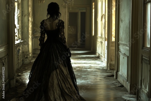 A haunting scene of a woman in a vintage, gothic gown walking down a dimly lit, decaying corridor in an abandoned mansion.