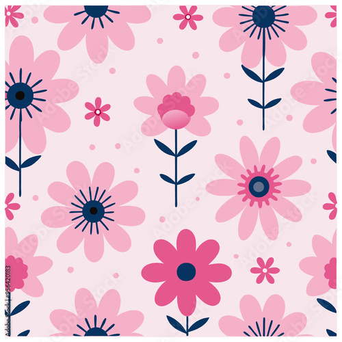 A repeating pattern of pink flowers with dark blue centers and stems on a light pink background image
