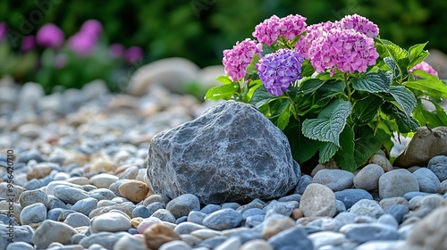 Landscaping with boulders Flower bed with blooming Geranium himalayense Hydrangea macrophylla Alchemilla mollis and boulders on pebbles : Generative AI photo