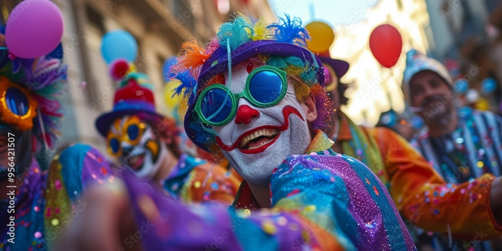 Group of adult friends having fun at dark carnival party. Happy people dressed up in spooky Halloween costumes of witch, devil, clown, Group of adult friends having fun at dark carnival party. Happy people dressed up in spooky Halloween costumes of witch, devil, clown,