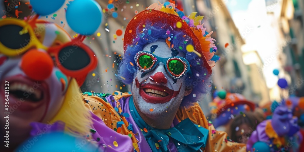Group of adult friends having fun at dark carnival party. Happy people dressed up in spooky Halloween costumes of witch, devil, clown, Group of adult friends having fun at dark carnival party. Happy people dressed up in spooky Halloween costumes of witch, devil, clown,