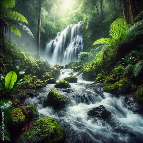 A waterfall in a dense rainforest surrounded by lush vegetation and moss