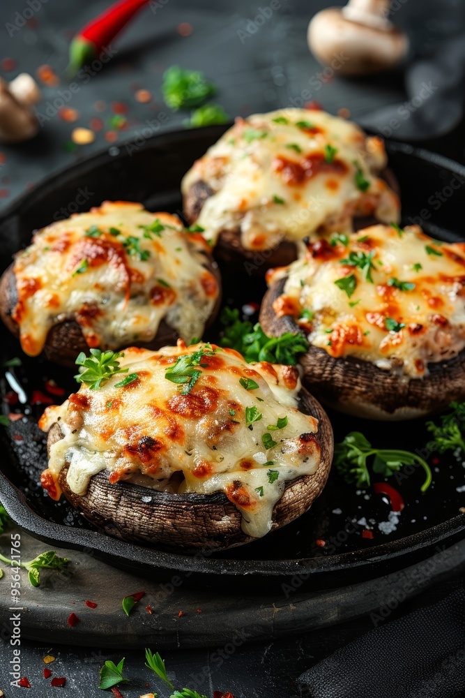 Four Delicious Stuffed Mushrooms with Melted Cheese and Fresh Herbs in a Cast Iron Skillet. Four Delicious Stuffed Mushrooms with Melted Cheese and Fresh Herbs in a Cast Iron Skillet.