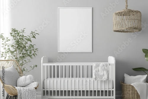 A serene nursery featuring a crib, cozy seating, and natural decor elements.
